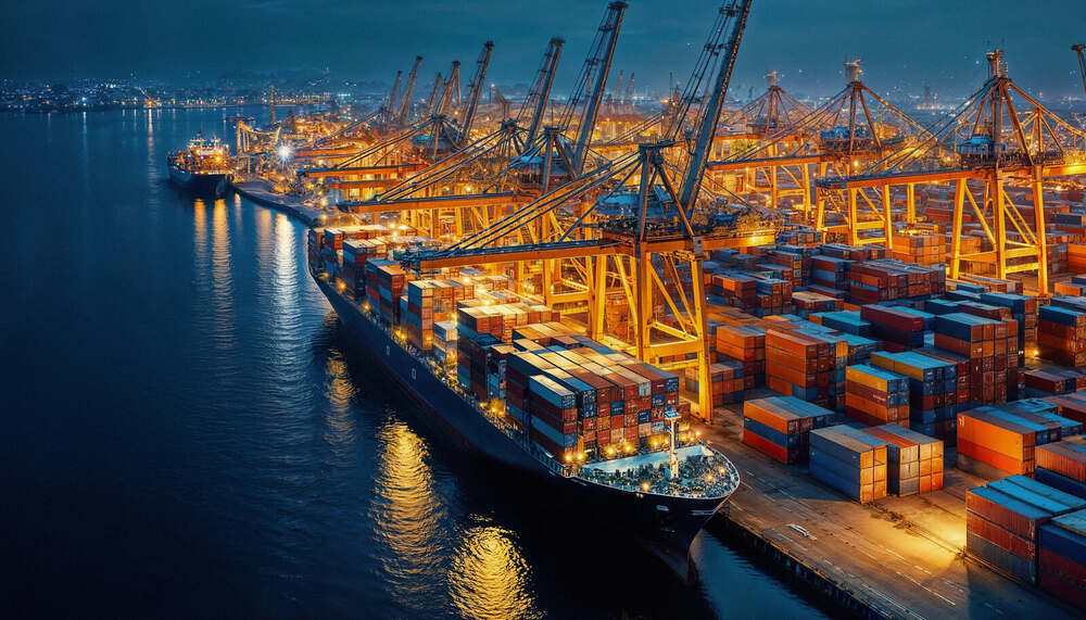 Container terminal at night with gantry cranes loading a vessel